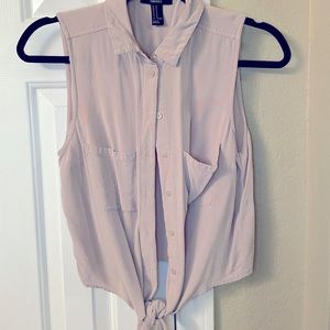 Taupe button up crop top with tie in front